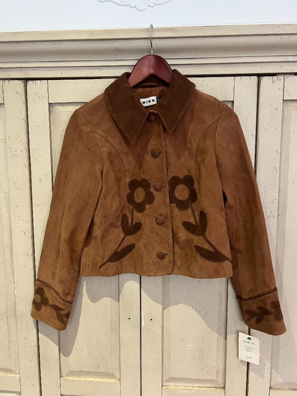 RIXO Dionne Retro Daisy Applique Suede Jacket Tan Brown Boho Y2K XXS NWT